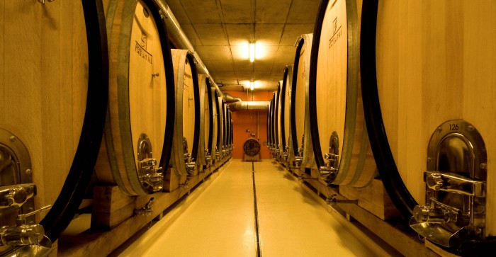 Weinkeller mit zwei Reihen Holz-Weinfässern.